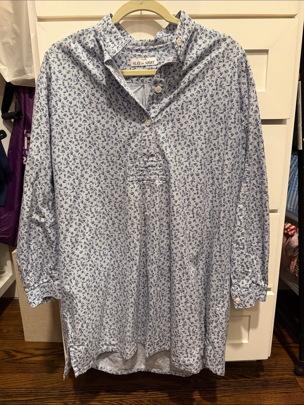 The Sleep Shirt Blue Stripe and Floral Button-Front Tunic Shirt
